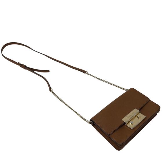 Michael Kors Crossbody Flap Top Bag Chain Wax Canvas Tan Gold - Picture 4 of 10